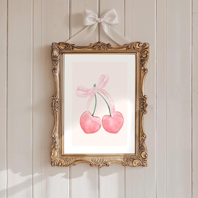 Uniro Coquette Room Decor Pink, Trendy Bows Wall Art Posters for Girls Dorm Bedroom Decor, Cute Coquette Posters, Coquette Wall Decor, Preppy Room Decor Aesthetic, Girly Wall Art Prints Ball Cherry Bow Room Decor for Apartment Decor- 8x10Inch|UNFRAMED
