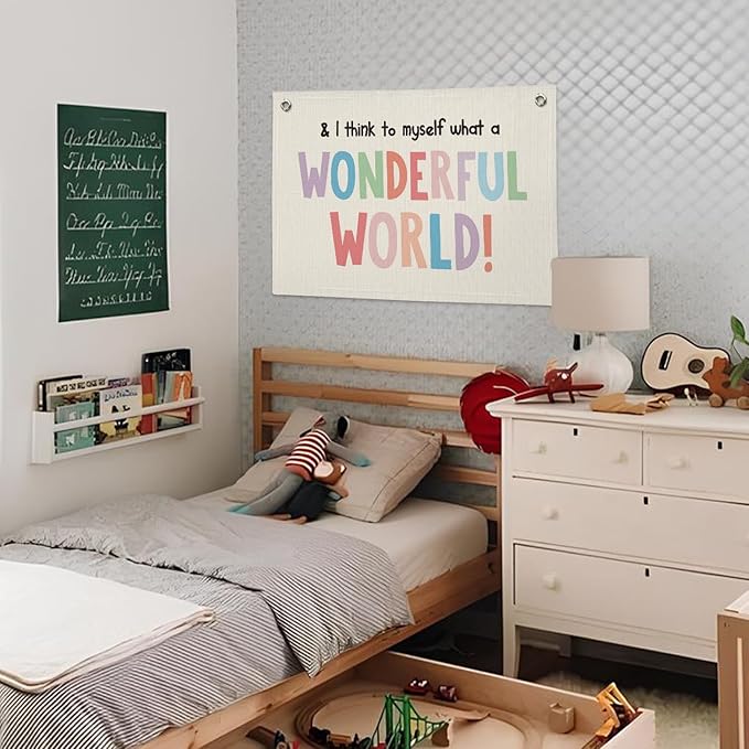 Kids Room Decor, Positive Affirmation Linen Canvas Banner, It's a Wonderful World Quote Wall Hanging Decor for Boys Girls Bedroom Nursery Playroom 20x30