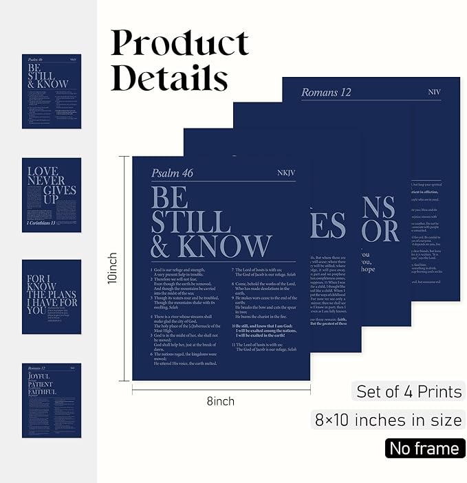 Locomiss Navy Blue Christian Wall Art Decor, Modern Bible Verse Prints, Minimalist Jesus Scripture Wall Decor, Inspirational Bible Posters for Bedroom Office Living Room, Set of 4 (8x10 Unframed)