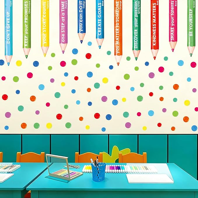 Inspirational Wall Decals, Multicolor Pencils Polka Dots Wall Stickers, Peel and Stick Motivational You Can Do It Wall Decor for Playroom Classroom Nursery Preschool Decoration