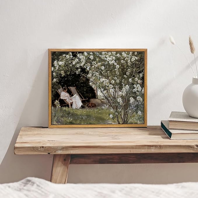 KBKBART Framed Vintage Canvas Wall Art, Retro French Country Garden Women Flower Classical Painting Bedroom Art Print, Rustic Vintage Wall Decor for Bathroom, Living Room, Office(9"x11")