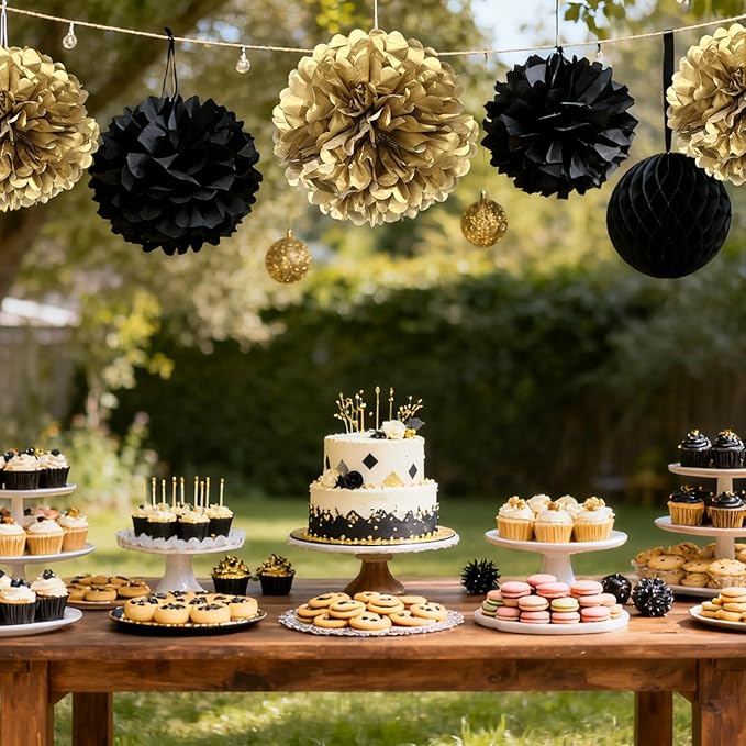 Black Gold Paper Pom Poms for Wedding Birthday Black Gold Party Decoration - Ceiling Wall Hanging Tissue Flowers - 12pcs 2 Colors of 12 Inch 10 Inch