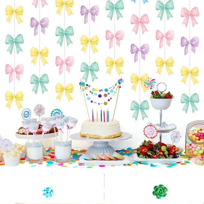 8 PCS Pastel Bow Classroom Decorations Bow Hanging Garland Banners Pastel Ribbon Streamer Paper Cutouts for Back to School Birthday Bridal Engagement Bachelorette Wedding Party Decor