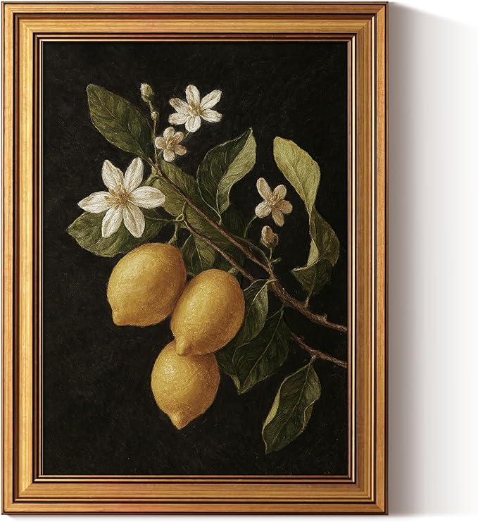 ARPEOTCY Gold Framed Canvas Art Prints,12x16inch, Lemon Botanical Art Painting, Vintage Still Life Decor for Kitchen Dining Room Bedroom Bathroom Shelf, Rustic Country Cottagecore Pictures