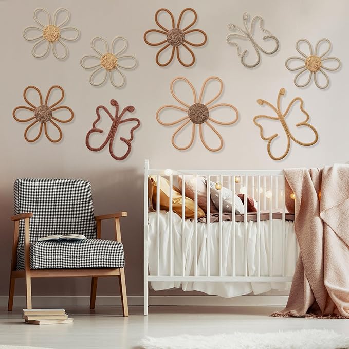 Wesiti 9 Pcs Boho Nursery Decor 3 Size Daisy Flower and Butterflies Woven Macrame Wall Hanging for Home Nursery Bedroom Dorm Wall Art(Retro Color)