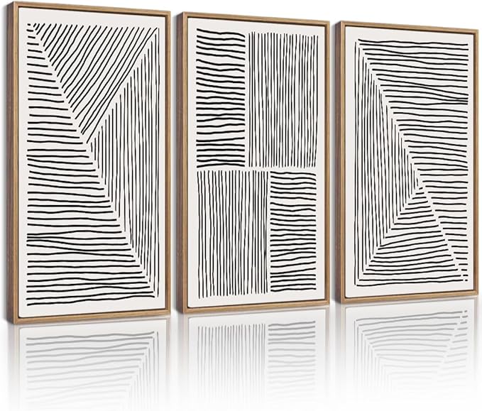 Drsoum Mid-Century Modern Framed Wall Art Large 16x24in Minimalist Abstract Boho Black Line Wall Decor Geometric Artwork Kitchen Dining Room Natural Framed