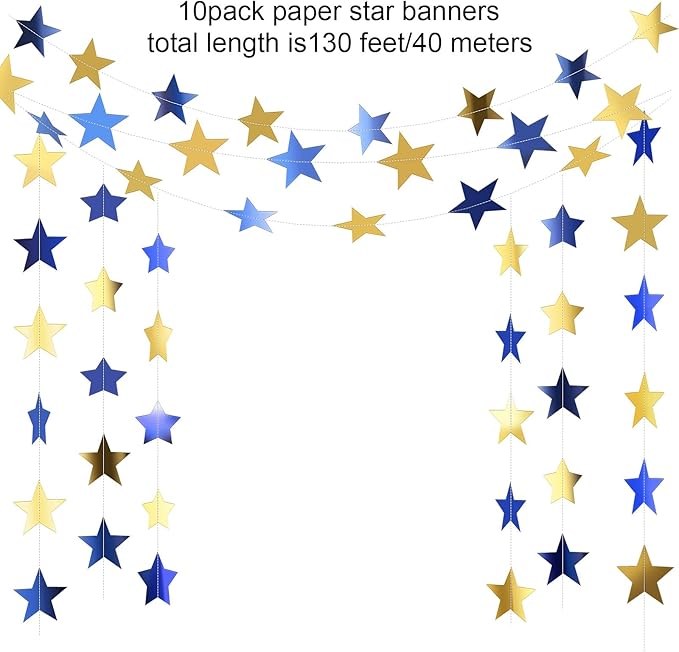 Patelai Glitter Star Garland Banner 2026 Graduation Decor 130 Feet Star Hanging Banner Twinkle Backdrop for Party Birthday Classroom Wedding Supplies(Blue, Gold)