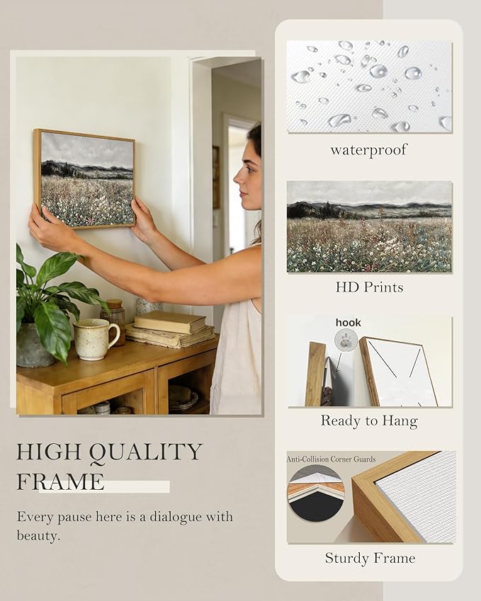 SHENIFY Vintage Landscape Framed Wall Art Meadow Flowers Farmhouse Decor Retro Classic Painting for Kitchen Living Room Bedroom Bathroom - 11x14in Natural Framed
