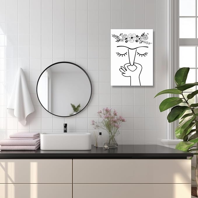 IAFWZX Framed Funny Bathroom Wall Art, Black and White Humor Toilet Wall Decor, Minimalist Face Line with Flower Crown Canvas Painting, Modern Abstract Poster Print for Restroom Bedroom 16"x24"