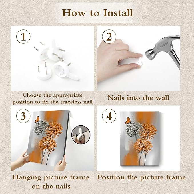 LB Orange Dandelion Wall Art Grey Floral with Butterfly on Vintage Background Canvas Wall Art Retro Abstract Wall Art Decor for Living Room Bedroom Bathroom Office Framed Ready to Hang 16L x 12W