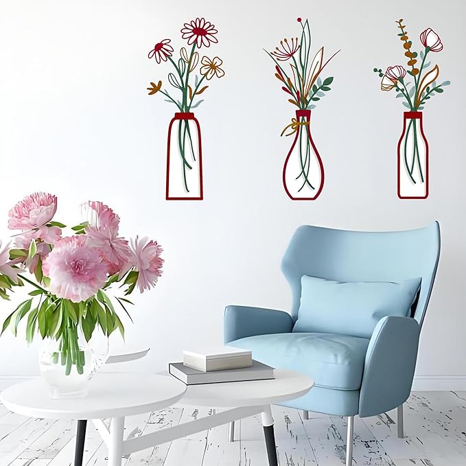 3 Pieces Metal Flowers Wall Arts - Rustic Farmhouse Style Décor Metal Wall Art Black Minimalist Flower Natural Themed Wall Decors for Home Bedroom Dining Room Housewarming (Red)