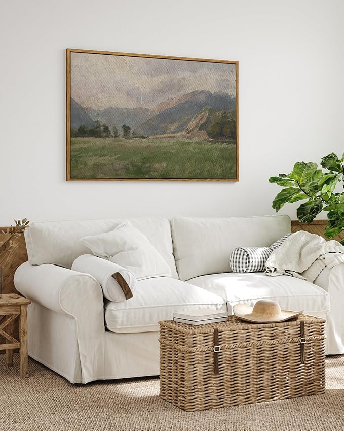 InSimSea Framed Canvas Wall Art Vintage Decor, Prairie Mountain Landscape Paintings, Large Prints, Farmhouse Decor, Natural Scenery Hanging Wall Decorations for Living Room Bedroom, 24"x36"