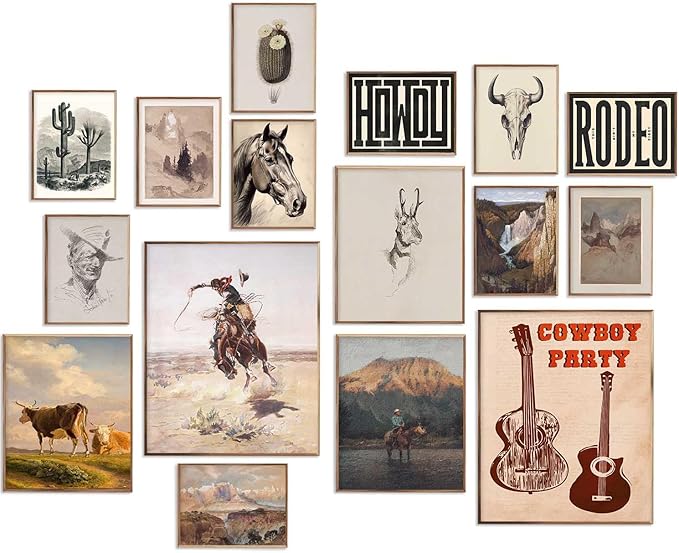 Western Wall Decor Vintage Wall Art,Southwestern Decor for Home Vintage Cowboy Pictures,Boho Ranch Desert Southwestern Wall Art,Farmhouse Artwork Prints for Western Bathroom Decoration,Unframed,16pcs