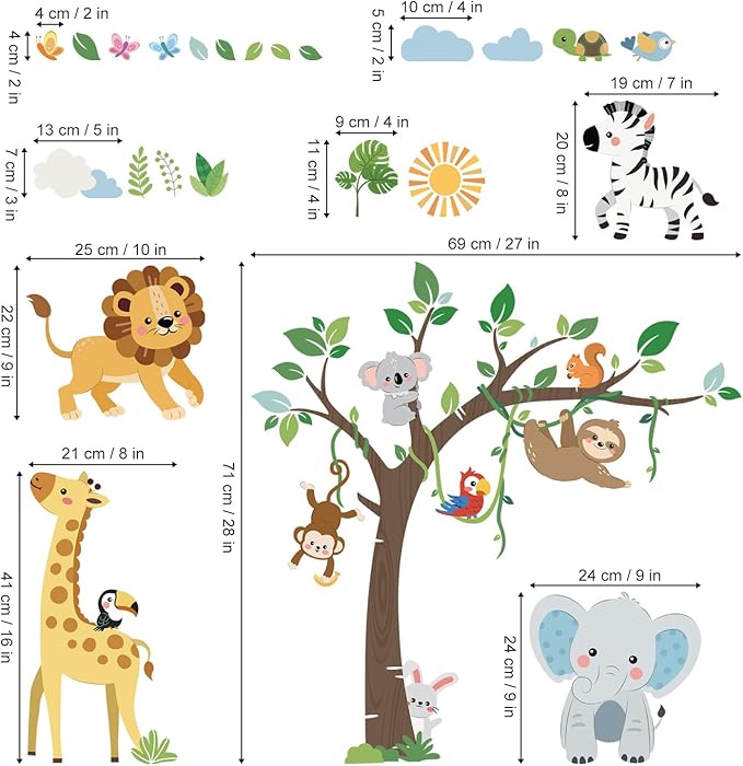 decalmile Jungle Animals Tree Wall Decals Safari Baby Animals Giraffe Elephant Lion Monkey Wall Stickers Living Room Baby Nursery Kids Room Wall Decor