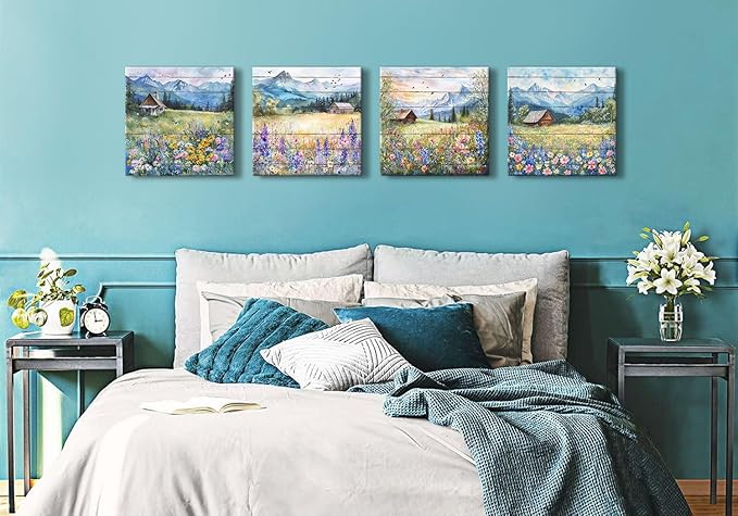 Colorful Flower Canvas Wall Art Nature Pictures Canvas Prints Country Mountain Landscape Poppy Daisy Wildflower Posters Abstract Barn Scenic Painting for Bedroom Living Room Home Decorations 16x16” 4P