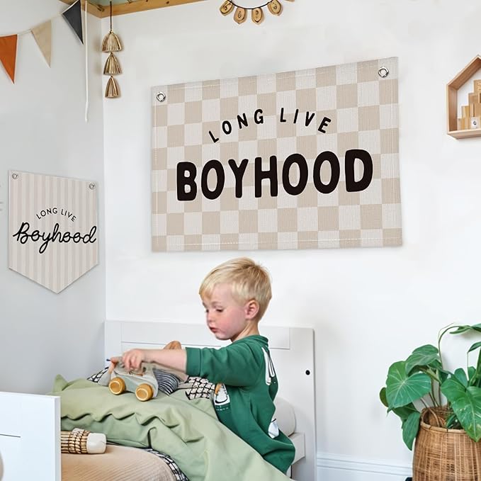 Lacama Long Live Boyhood Boys Room Decor Nursery Decor, Linen Banner Wall Hanging Banner Flag for Boys Bedroom Decor Toddler Boy Room Nursery 30x20 In