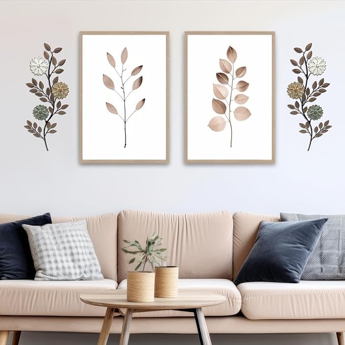 MorningRo 2 Pcs Metal Flower Leaves Wall Art, 15.75 Inch Spring Wall Decor, Vintage Leaf Wall Hanging, Rustic Wall Decor for Holiday Indoor Outdoor (Brown)