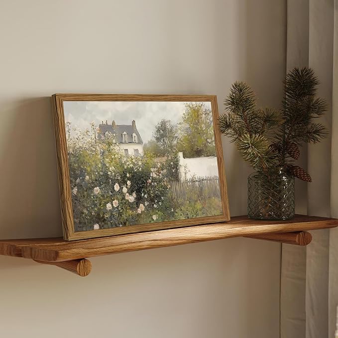 Framed Vintage Wall Art, Cottage Rose Garden Landscape Pictures Wall Decor Paintings, Rustic Spring Farmhouse Canvas Prints Aesthetic Home Decor for Living Room Bedroom Bathroom 16x24 inch