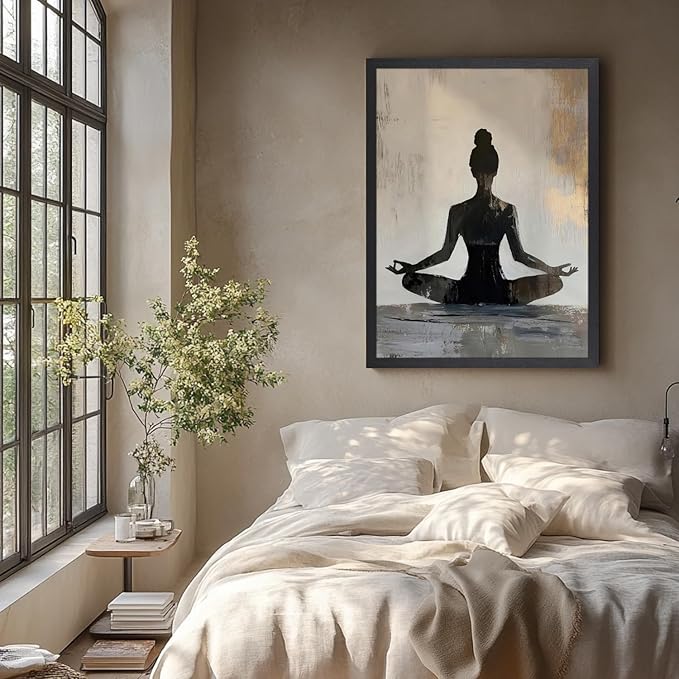 GELDSTEI Wood Framed Zen Wall Art, Modern Yoga Girl Canvas Painting, Tranquil Meditation Wall Decor, Spiritual Aesthetic Picture, Calming Mindfulness Poster Prints for Living Room Spa Yoga 12x16 Inch
