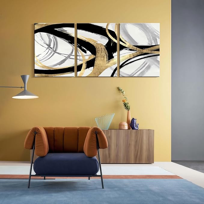 3Pcs Framed Abstract Wall Art Gold Black and White Lines Picture Canvas Prints Modern Line Prints Living Room Bedroom Office Poster Gallery Home Decor 12x16 Inch Ready to Hang