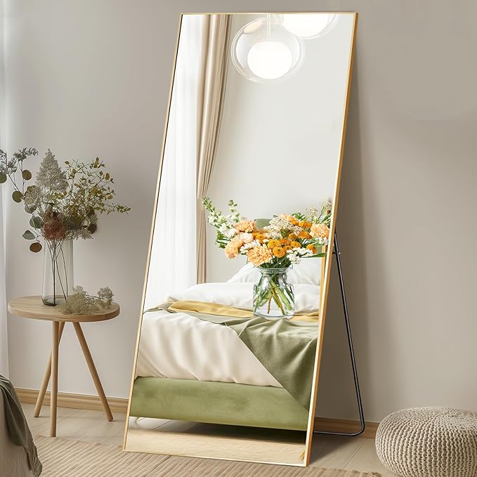 DUMOS Full Length Mirror with Stand, 68"x26" Floor Mirror with Aluminum Alloy Frame for Bedroom, Standing Full Body Mirror with Shatter-proorf Nano Glass for Wall, Living Room, Cloakroom, Gold