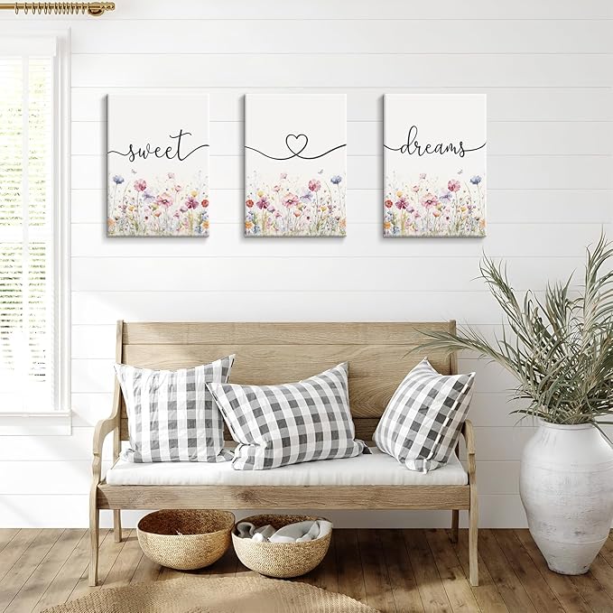 Bedroom Wall Art Decor - Set of 3 Framed Farmhouse Sweet Dreams Sign 12’’x16’’ Above Bed Wall Decor for Bedroom Decor Wall Art Wood Signs (Multicolour, 12’’x16’’)