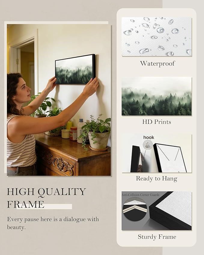 SHENIFY Green Fog Pine Tree Forest Vintage Framed Wall Art Modern Landscape Scenery Farmhouse Artwork Prints Decor for Kitchen Bedroom Living Room Bathroom - 8x16in Black Framed