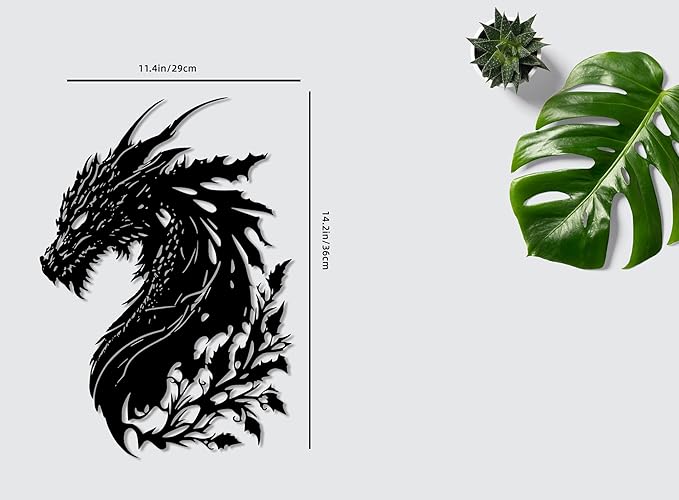 Dragon Metal Wall Art Medieval Decor Fantasy Decorations for Living Room Bedroom Office Man Cave Decor for Men Dragon Lover's Gifts (14.2 In X 11.4 In Black）