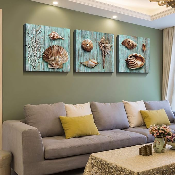 Teal Shells Wall Art Home Decor for Bathroom Shell Conch Framed Canvas Prints Cyan Sea Ocean Blue Plank Marine Life Coral Starfish Paintings Pictures Living Room Homes Decoration Set 4 Piece 20x20