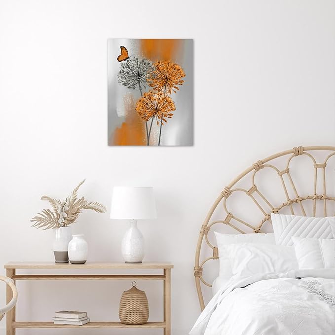 LB Orange Dandelion Wall Art Grey Floral with Butterfly on Vintage Background Canvas Wall Art Retro Abstract Wall Art Decor for Living Room Bedroom Bathroom Office Framed Ready to Hang 16L x 12W