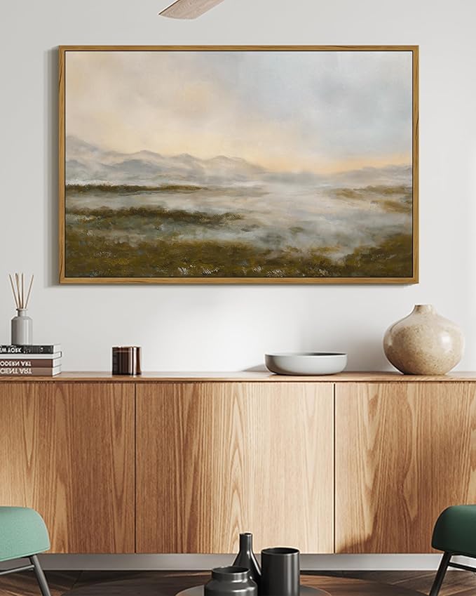 SHENIFY Vintage Framed Wall Art Rustic Foggy Mountain Landscape Scenery Home Decor Retro Wilderness Decorations for Farmhouse Bedroom Ready to Hang Wall Artwork - 16x24in Natural Framed
