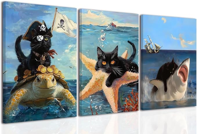 Framed Black Cat Wall Art Funny Cat Shark Turtle Starfish Canvas Wall Decor Ocean Abstract Black Cat Posters Pictures Print for Bedroom Living Room Bathroom 16x24 In
