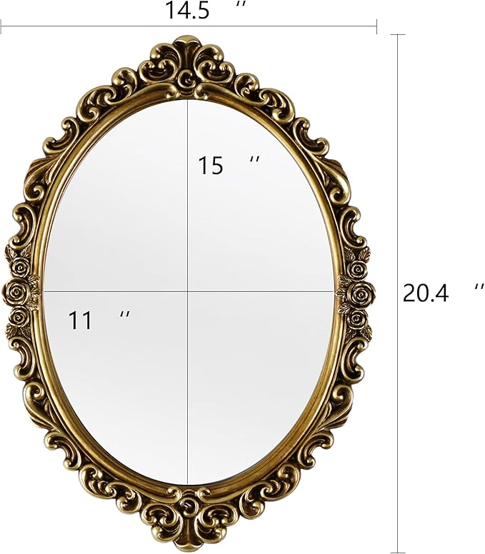 OIGUMR Medium Oval Wall Mirror Resin Frame Size：20.4 x 14.5 inch Vintage Hanging Mirrors for Bedroom Living-Room Dresser Decor Gold