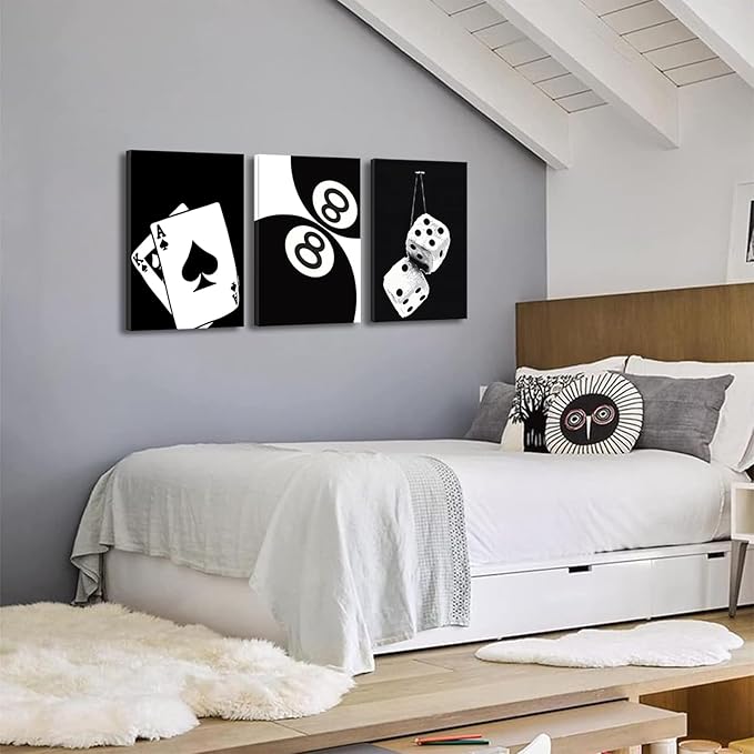 BOKPEN 3Pcs Black and White Poker Dice Canvas Wall Art Lucky You Poster Prints Trendy Funky Preppy Y2K 8 Ball Pictures Artwork Aesthetic Painting for Game Room Apartment Dorm Decor 16x24in canvas