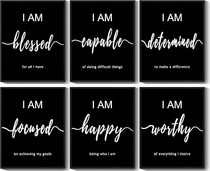 KUVIOKE Inspirational Wall Decor Motivational Quotes Framed Wall Art Encouraging Office Affirmations Sayings for Kids Classroom Bedroom Living Room Ready to Hang Set of 6, 8x10in (Black Framed)