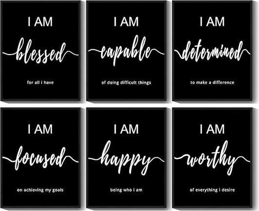 KUVIOKE Inspirational Wall Decor Motivational Quotes Framed Wall Art Encouraging Office Affirmations Sayings for Kids Classroom Bedroom Living Room Ready to Hang Set of 6, 8x10in (Black Framed)