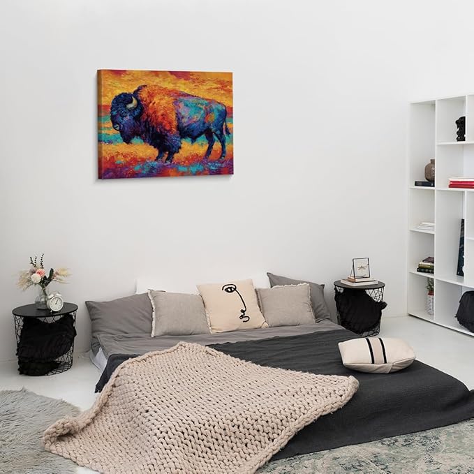 Modern Abstract Bison Wall Art Print, Vintage Vibrant Bison Painting Artwork Rustic Wall Decor for Home Farmhouse Living Room 8x10 Canvas Framed