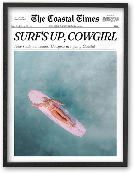 iHery Premium 16x20in Natural Black OAK Wood Coastal Trendy Cowgirl Framed Wall Art, Retro Newspaper Canvas Wall Decor For Girly Dorm Surfer Up Vintage Bar Cart Bedroom Living Room 1Pack