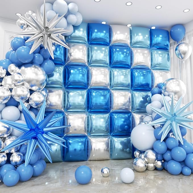 36pcs Blue and Silver Square Foil Balloons Wall Backdrop with 121pcs Balloon Garland Arch Kit, Double Sided Balloons for Birthday Bridal Shower Anniversary New Year Graduation Party Decorations