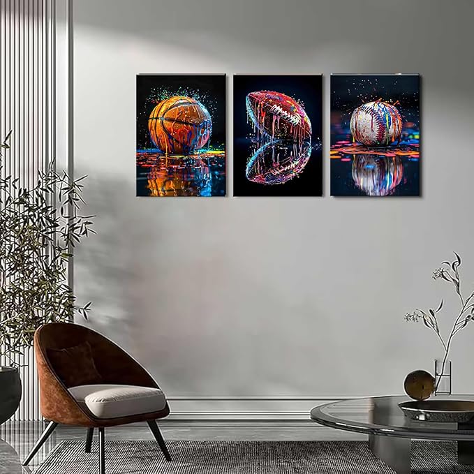 Sports Wall Art Set of 3, Retro Basketball Rugby Football Baseball Canvas Prints, Graffiti Style Print Artwork Ball Painting Wall Decor for Boys Bedroom Game Room Living Room Home Decor24x16 in Framed