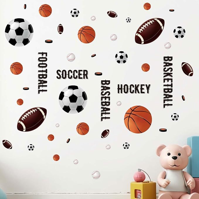 Basketball Football Soccer Sports Wall Stickers - Kids Baby Boys Wall Decals - Nursery Playroom Classroom Daycare Game Room Bedroom Home Wall Decor