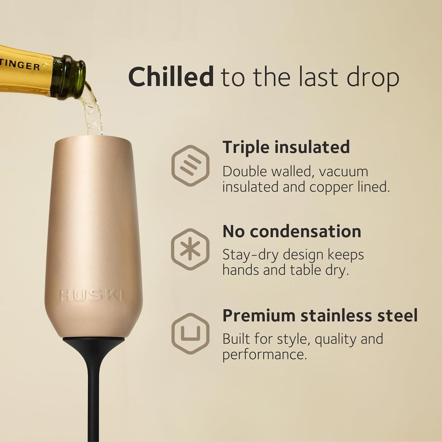 Huski Champagne Flute | NEW | Award-winning Design with Detachable Stem | Premium Stainless Steel Champagne Glass with Lid | Triple Insulated Tumbler | 8oz Capacity | Great Gift (Black)