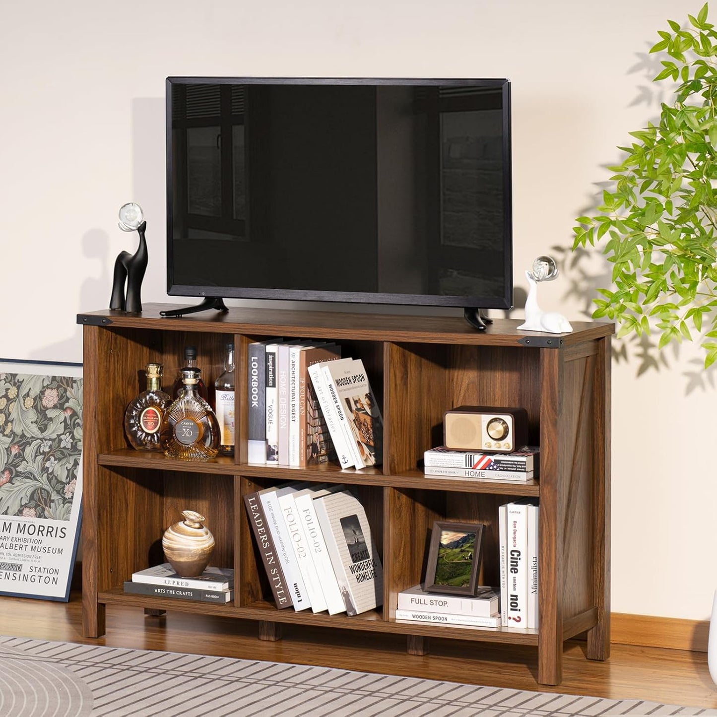 Farmhouse 6 Cube Book Shelf, Wood 3 Tier Storage Organizer Bookshelf, Brown Walnut 47" Horizontal Cubby Bookcase with Legs, Rustic Entryway Book Case, Long Display Cabinet for Bedroom, Office