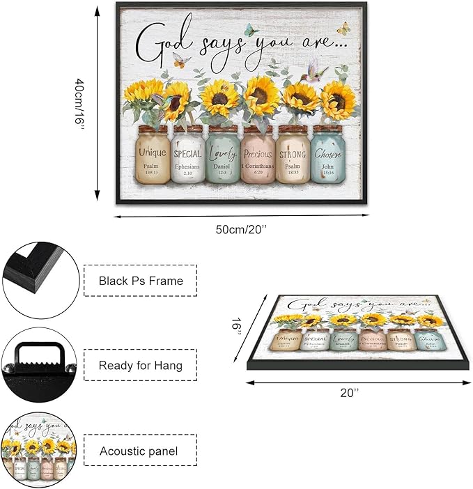 Inspirational Bible Verse Wall Art: God Says You Are Wall Sayings Sunflower in Mason Jar Picture Print Christian Gift Quotes Poster for Women Girl Bedroom Decor 16" x 20"