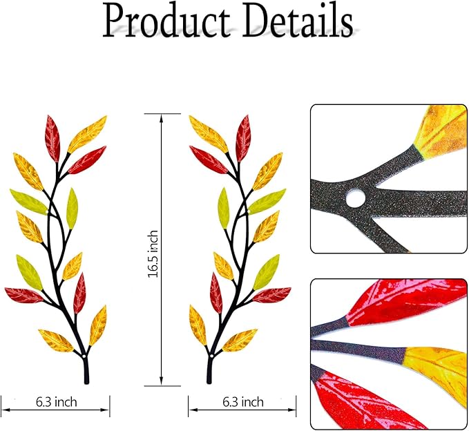 AHYS Metal Tree Leaf Wall Decor 2 PCS Rustic Vine Branch Leaf Wall Art for Living Room Bedroom Bathroom Decorations - Multi-color