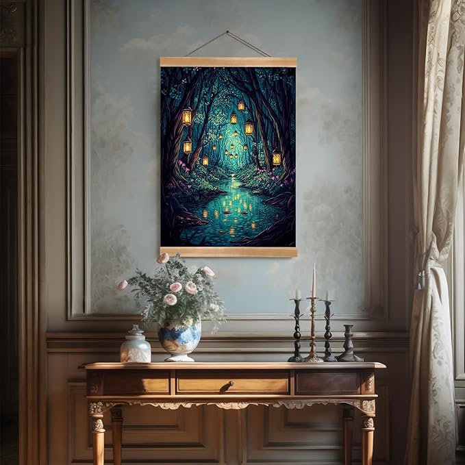 Fantasy Forest Canvas Wall Art Decor,Magic Forest Scene Poster,Enchanting Whimsical Art Print for Magic Lovers, Fairy Wonderland Dark Night Fireflies River Poster for Bedrooms&Living Rooms (Fantasy)