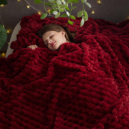 NEWCOSPLAY Super Soft Queen Blanket Red Premium Silky Flannel Fleece 3D Clouds Stylish Jacquard Lightweight Bed Blanket All Season Use 350GSM (Red, Queen(90"x90"))