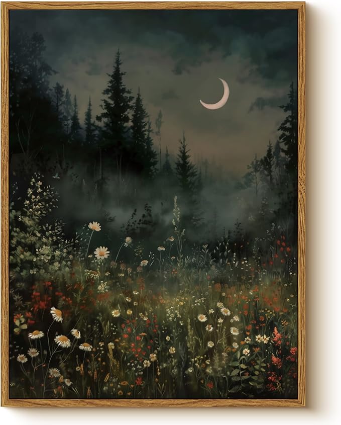 WHASAYART Moonlit Forest Wall Art 12x16 Framed Wildflower Meadow Canvas Print, Rustic Nature Night Landscape Artwork Moody Dark Crescent Moon Botanical Flowers Trees Art, Aesthetic Bedroom Home Decor
