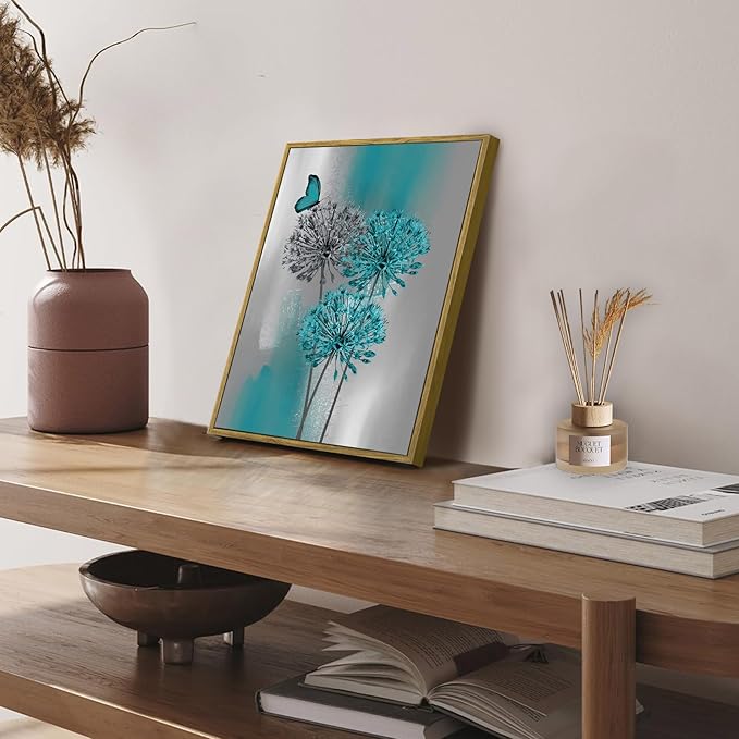 LB Teal Dandelion Framed Wall Art with Butterfly - Modern Teal Grey Canvas Wall Art for Home Contemporary Aesthetic Wall Decor for Home, Ready to Hang 17x12 Inch, Living Room Bedroom Bathroom Decor