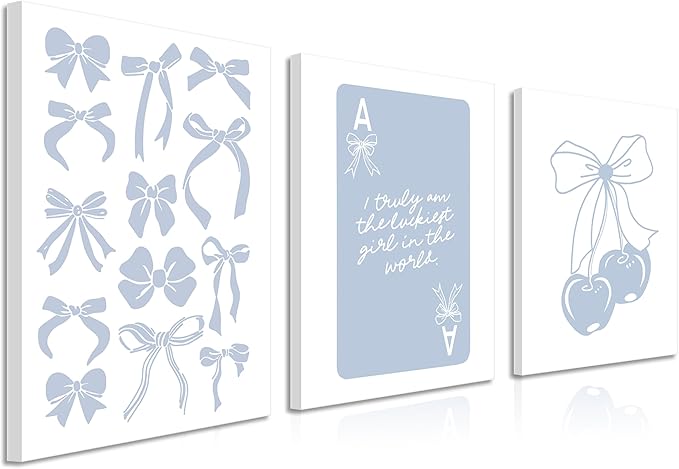 Trendy Preppy Canvas Wall Art Set of 3, Light Blue Bow Picture Wall Decor Paintings, Poker Lucky Coquette Room Posters Prints for Dorm College Apartment Bedroom 12x16In Framed